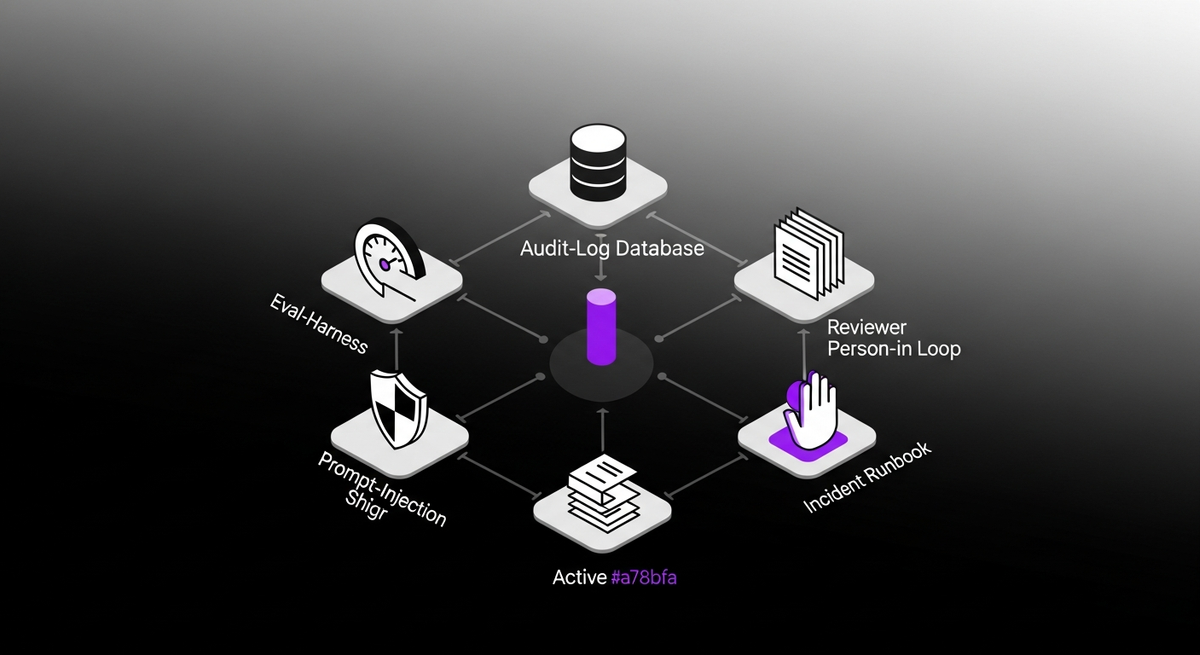 Six Responsible AI controls arranged hexagonally around a central audit-log spine — eval harness, audit log, prompt-injection defense, reviewer-in-loop, model card, incident runbook