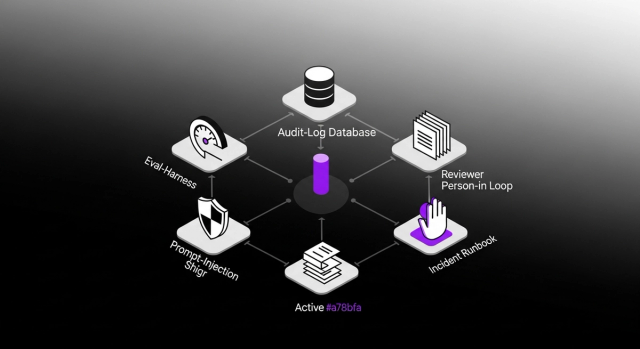 Six Responsible AI controls arranged hexagonally around a central audit-log spine — eval harness, audit log, prompt-injection defense, reviewer-in-loop, model card, incident runbook
