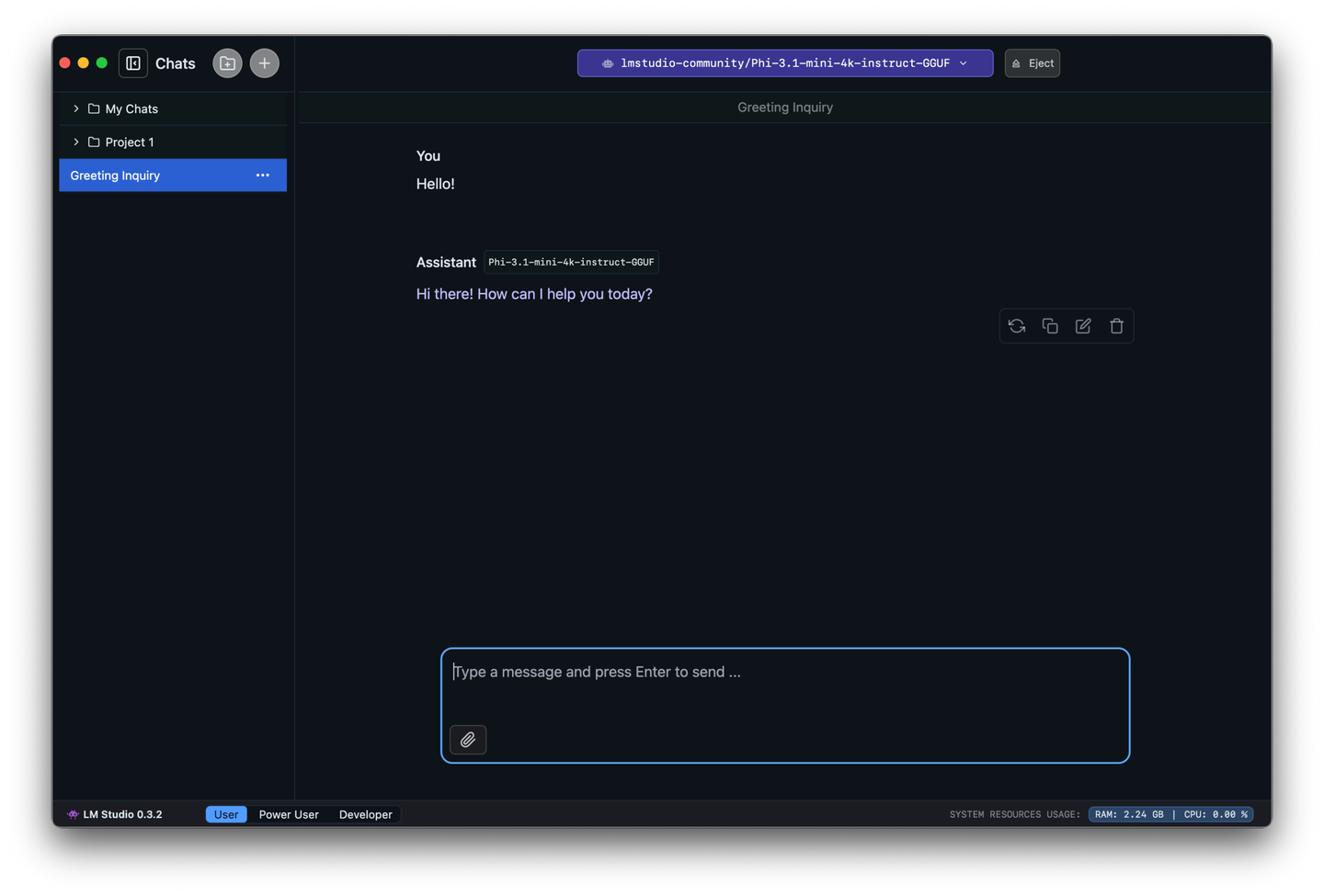 LM Studio chat interface showing a local AI model loaded for private conversations on a desktop computer