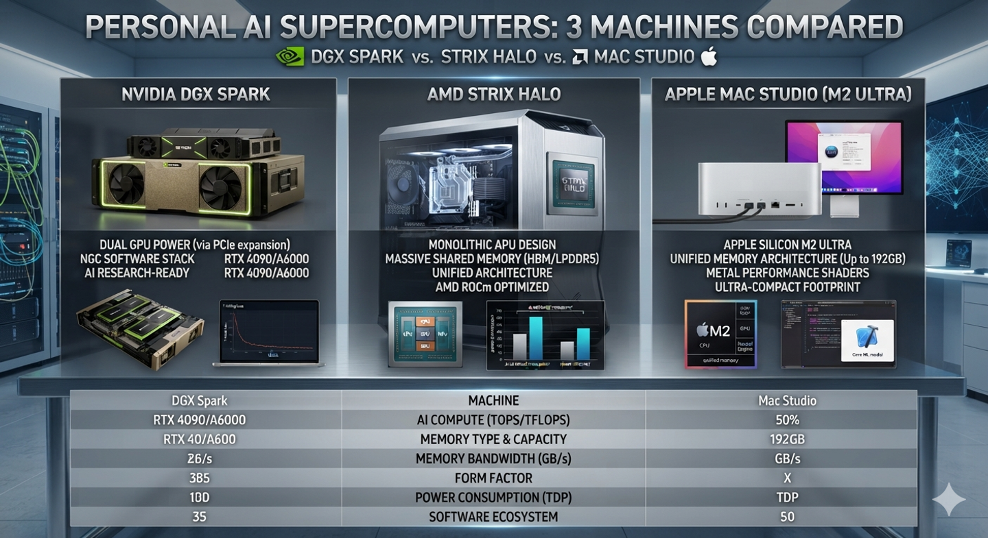 Personal AI Supercomputers: 3 Machines Compared (DGX Spark, Strix Halo, Mac Studio)