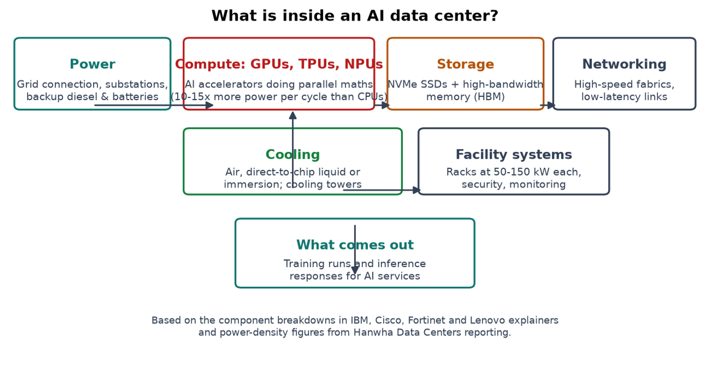 What is an AI data center — labelled diagram of the hardware inside