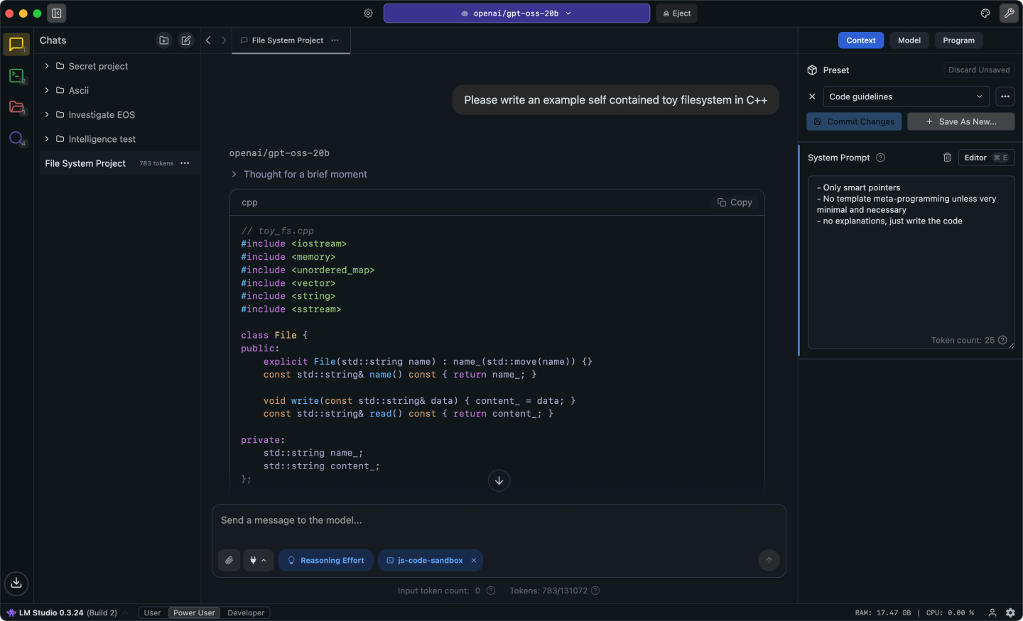 LM Studio interface showing the chat panel, model selector, and model download area