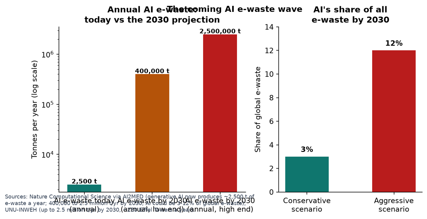 Annual AI e-waste today vs 2030, and AI's share of global e-waste