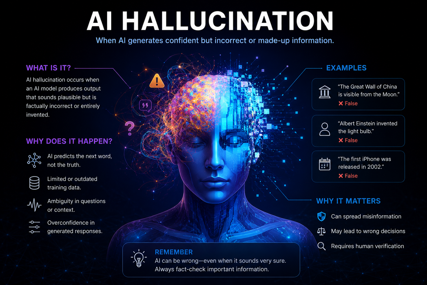 AI hallucination diagram showing what AI hallucination entails which is when an AI gives confident but incorrect information with fake citations and warning signs