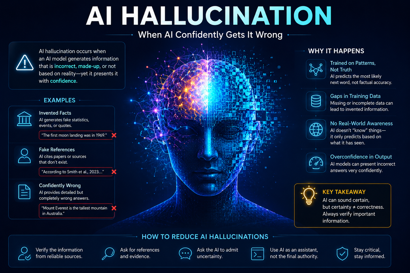 Infographic showing why AI hallucinates — trained on patterns not truth, gaps in training data, no real-world awareness, and overconfidence in output