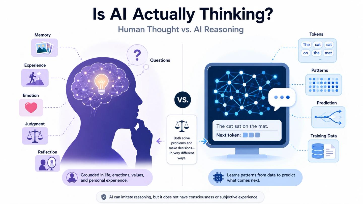 Is AI actually thinking? Visual comparison of human thinking and AI reasoning in large language models.
