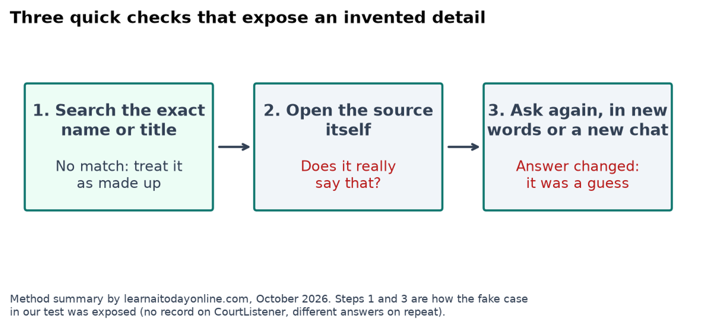 Flow diagram of three checks for AI hallucination, search the exact name, open the source, and ask again in new words