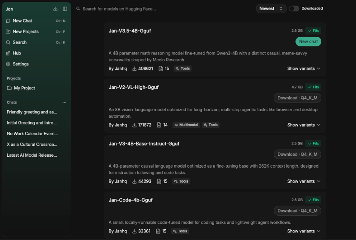 Jan AI allows users to download compatible models right from the interface.