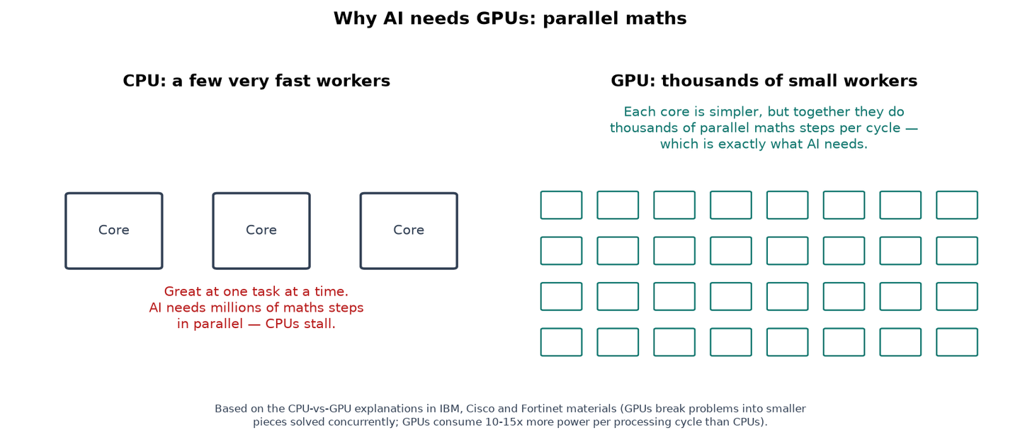 What is a GPU used for in AI — parallel maths compared with a CPU