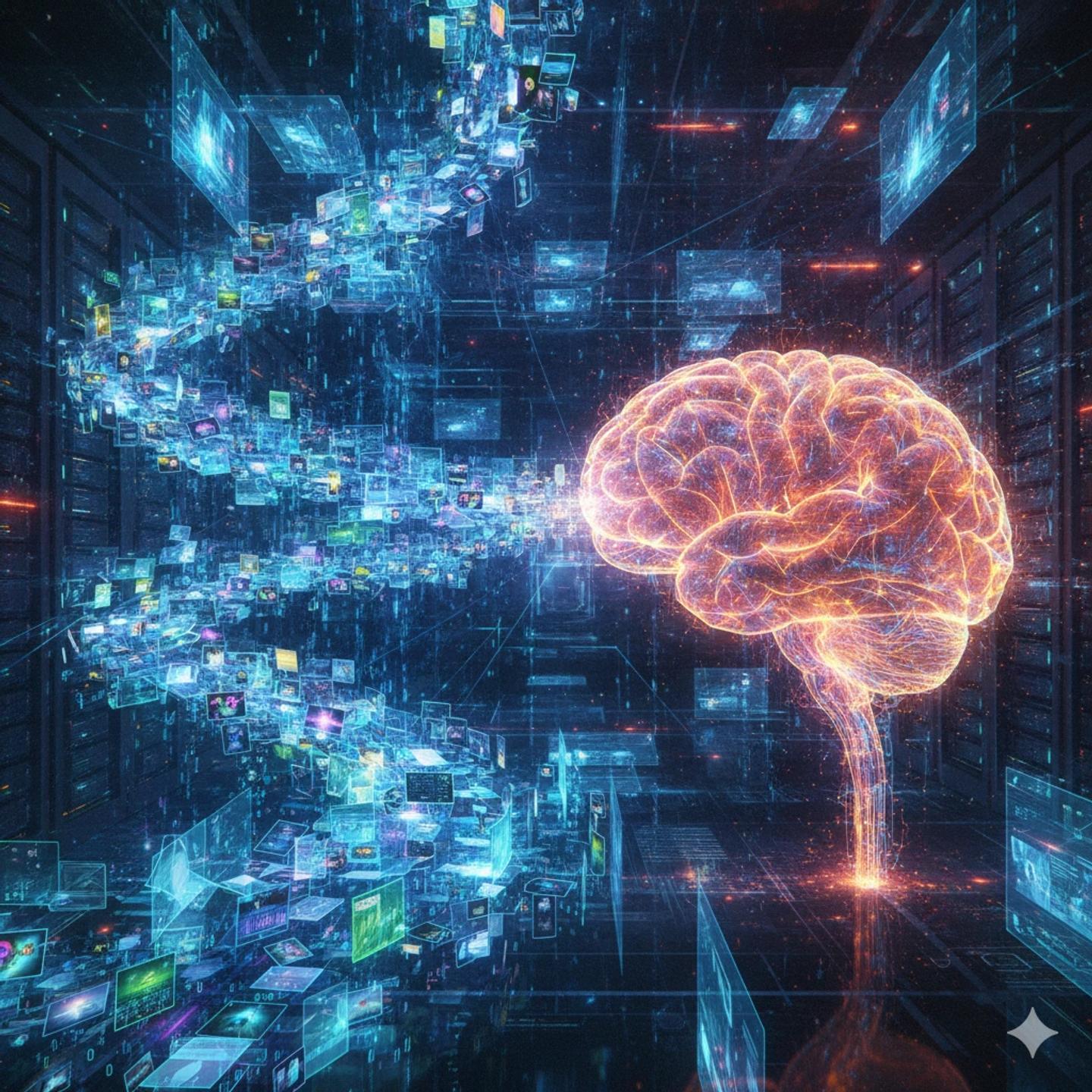 Training data feeding into a neural network - essential artificial intelligence terms.