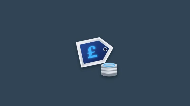 A silver price tag with a glowing pound sign beside a stack of coins.