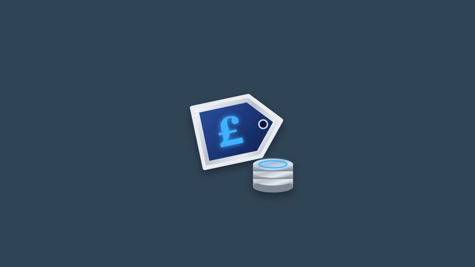 A silver price tag with a glowing pound sign beside a stack of coins.