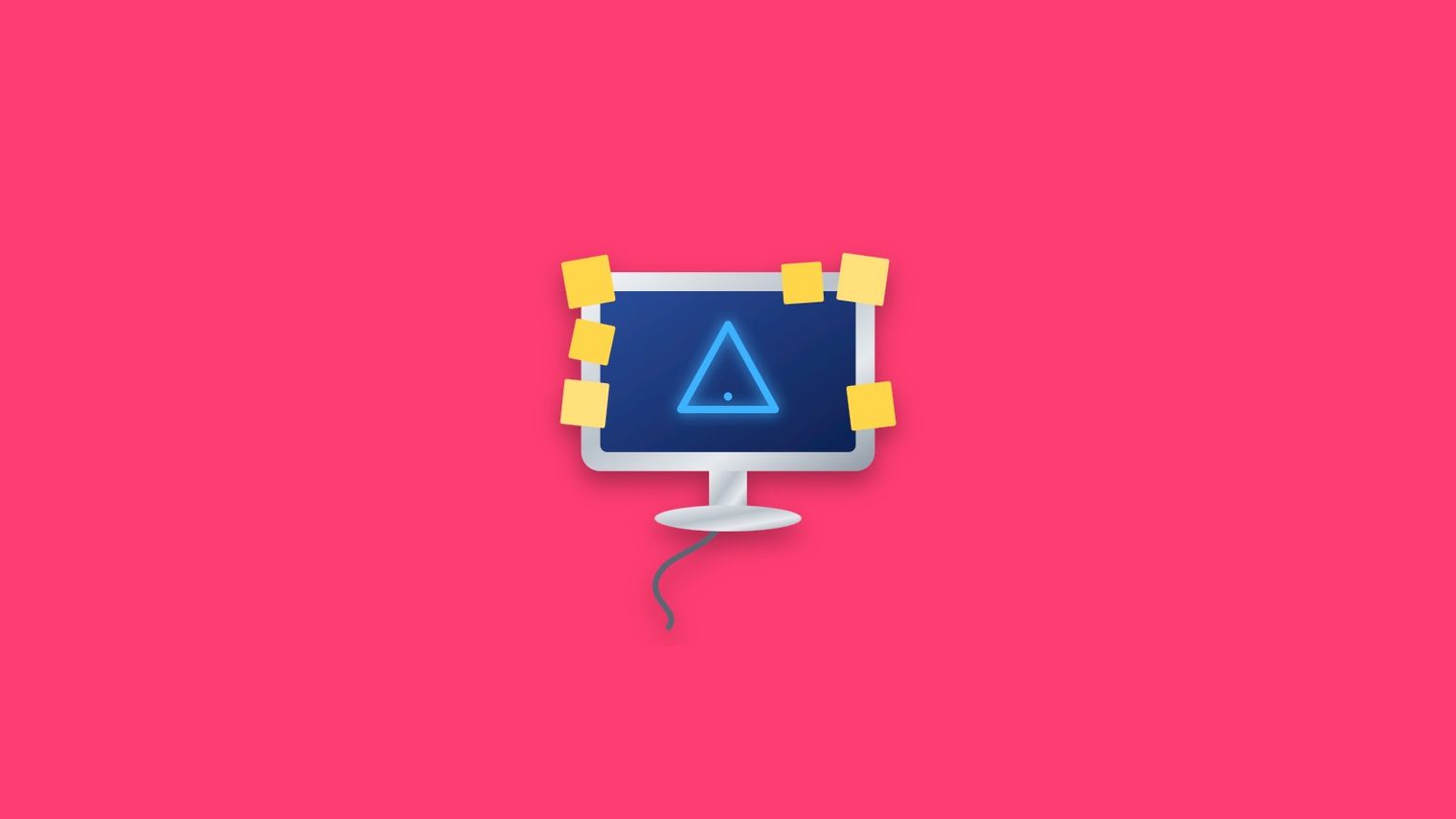 A monitor covered in sticky notes with a glowing warning sign.