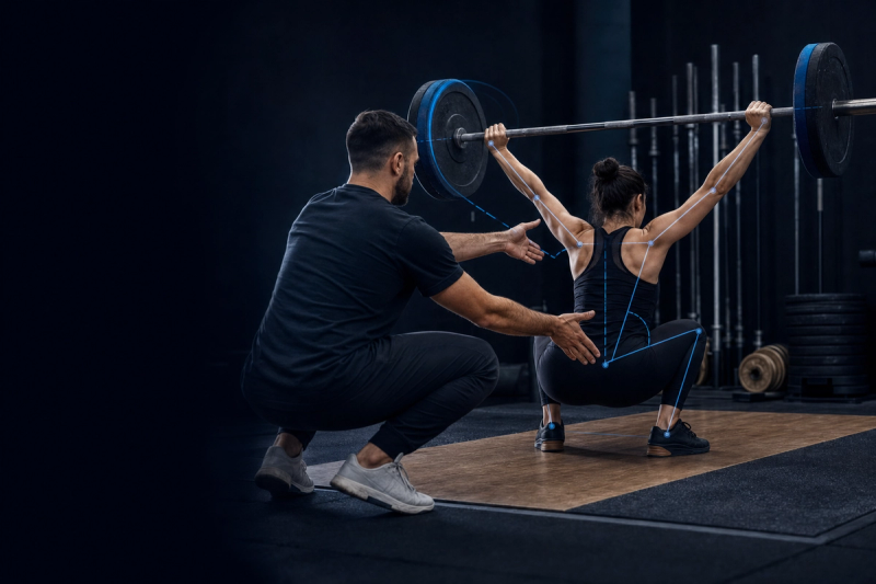 Coach demonstrating clean and jerk receiving position to a lifter on a weightlifting platform