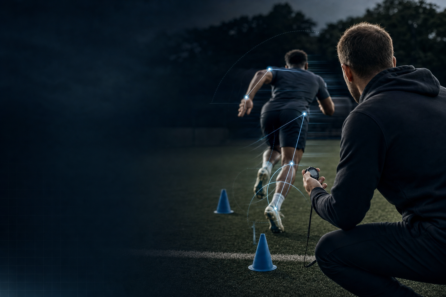 A coach timing a soccer player's sprint with a stopwatch beside marker cones on a soccer field.