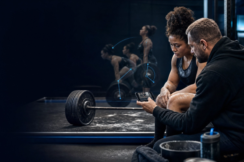 Coach reviewing a lifter's deadlift video on a phone beside a powerlifting platform