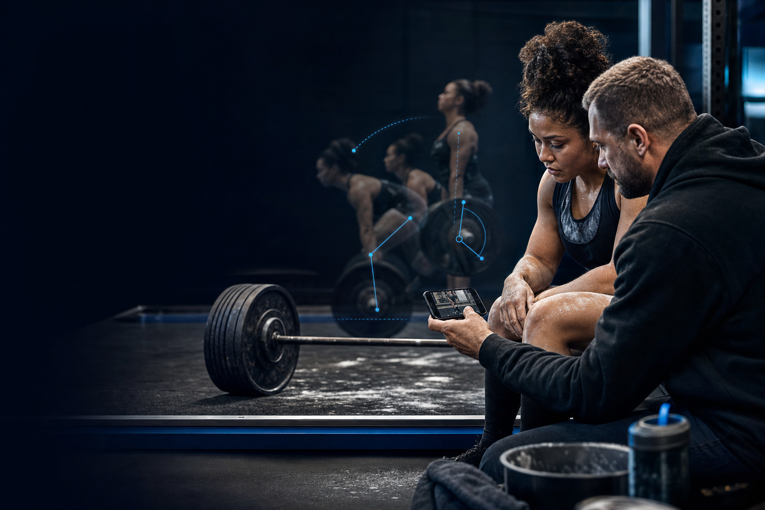 Coach reviewing a lifter's deadlift video on a phone beside a powerlifting platform