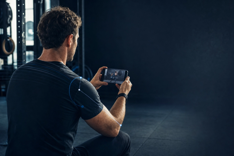 Personal trainer reviewing a client's recorded squat video on a phone in a dark studio gym