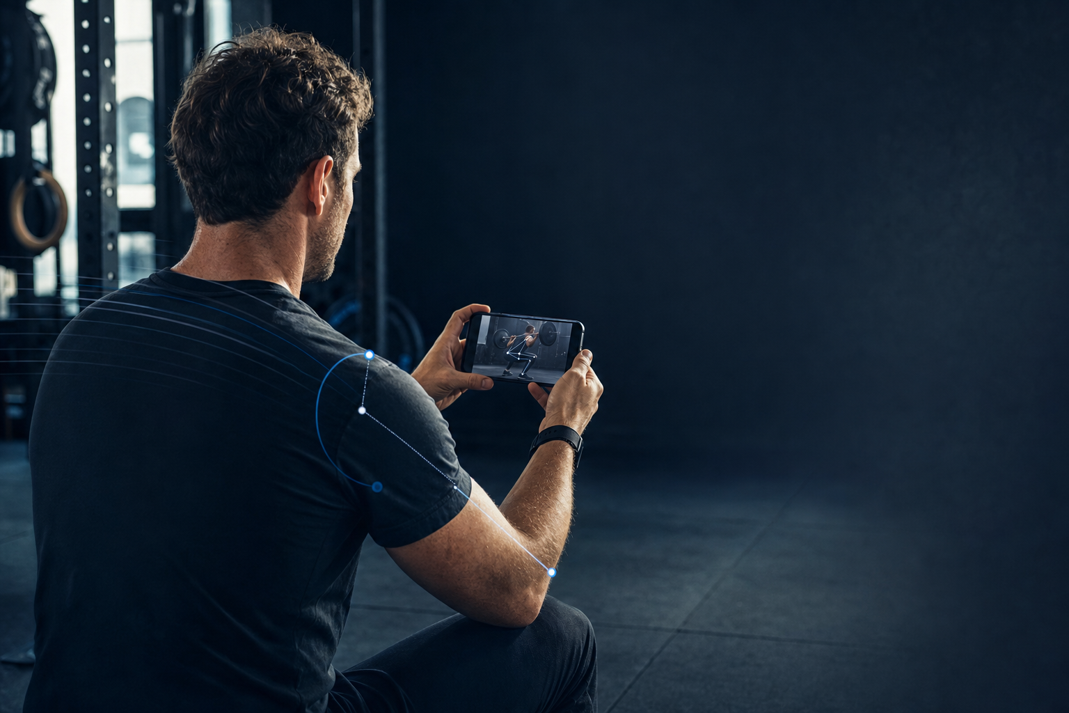 Personal trainer reviewing a client's recorded squat video on a phone in a dark studio gym