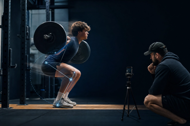A lifter driving up out of a back squat in a school weight room while a coach tracks bar speed on a phone mounted beside the platform