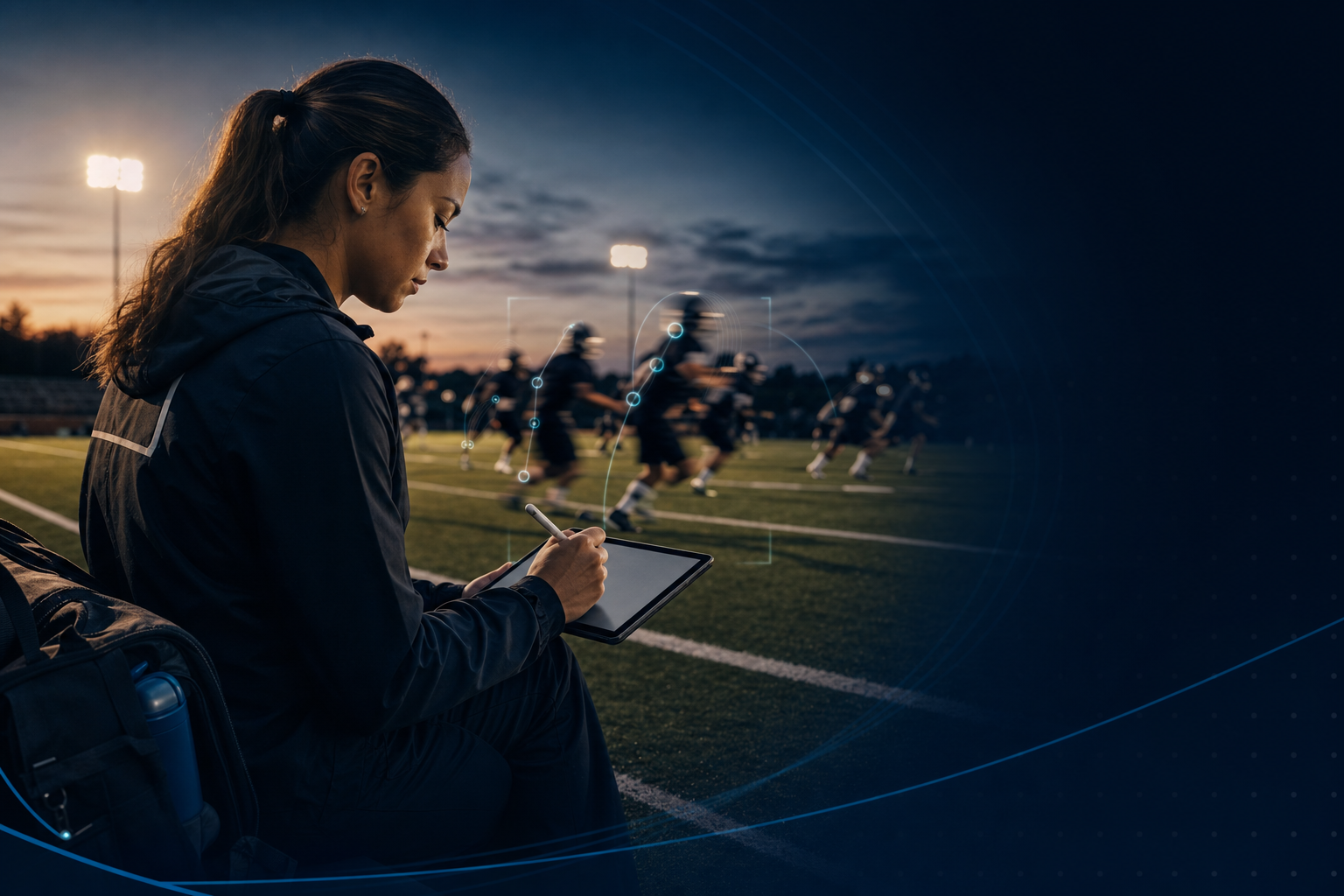 An athletic trainer records an injury note on a tablet at the edge of a high school field at dusk while a team practices in the background