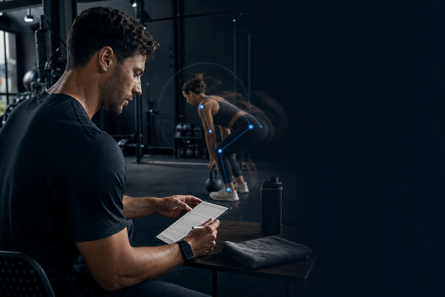 A personal trainer at a desk beside the gym floor reviewing a signed client agreement on a tablet while a client sets up for a warm-up set.