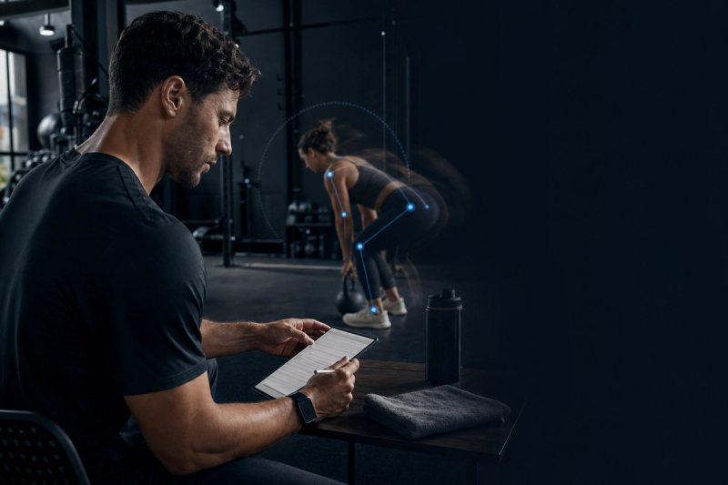 A personal trainer at a desk beside the gym floor reviewing a signed client agreement on a tablet while a client sets up for a warm-up set.