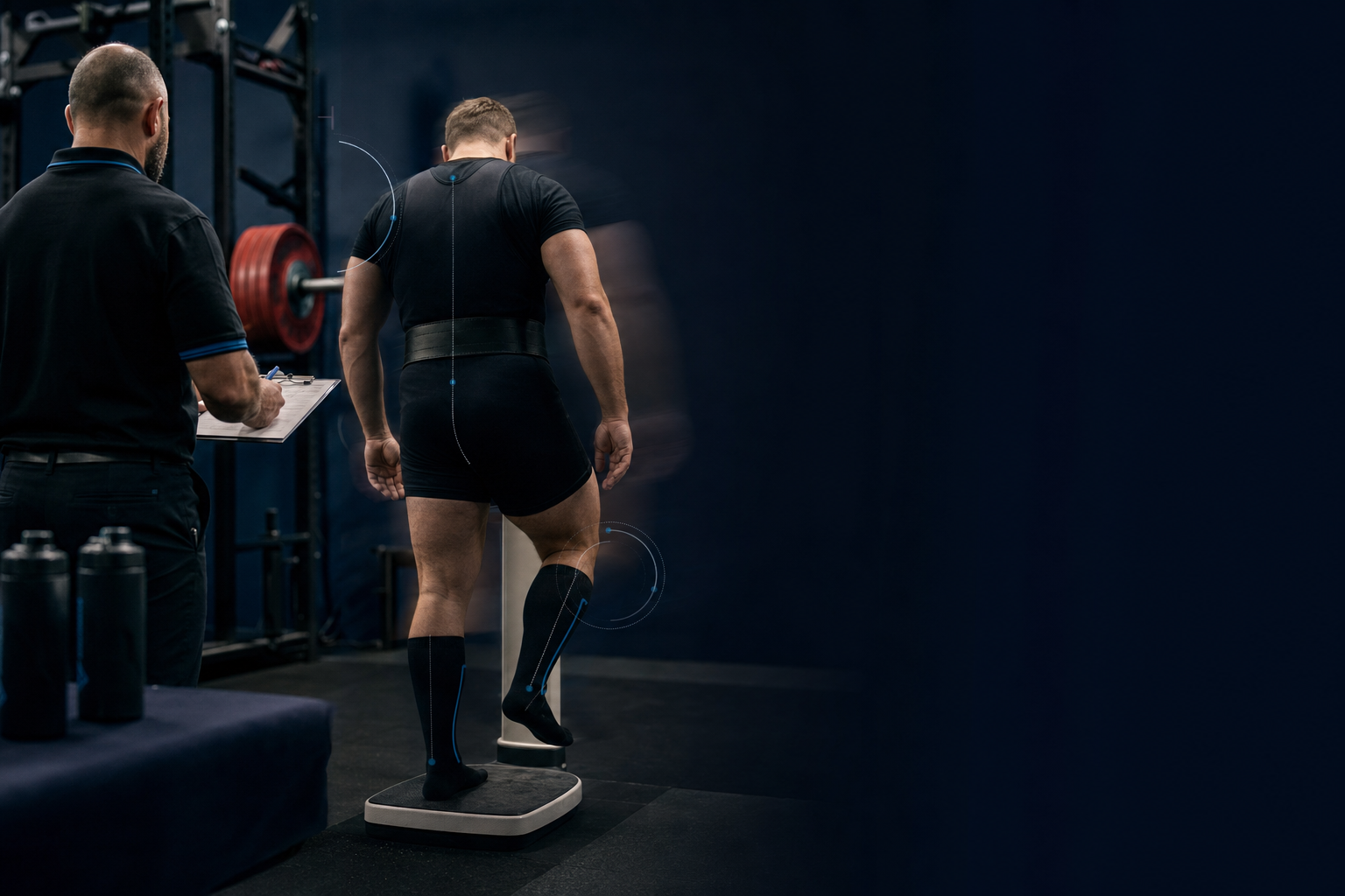 Lifter stepping onto the scale for an official weigh-in at a sanctioned powerlifting meet