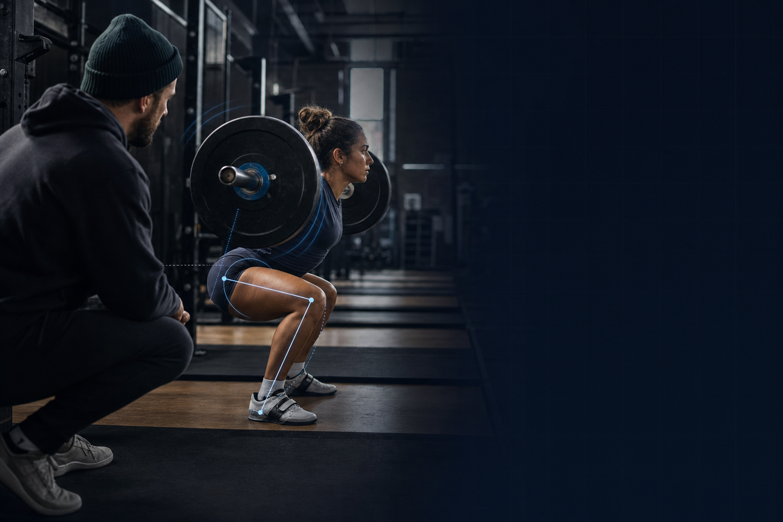 A coach watching an athlete hold the bottom of a loaded back squat in a weight room, with faint joint-angle lines traced over her hip, knee and ankle.