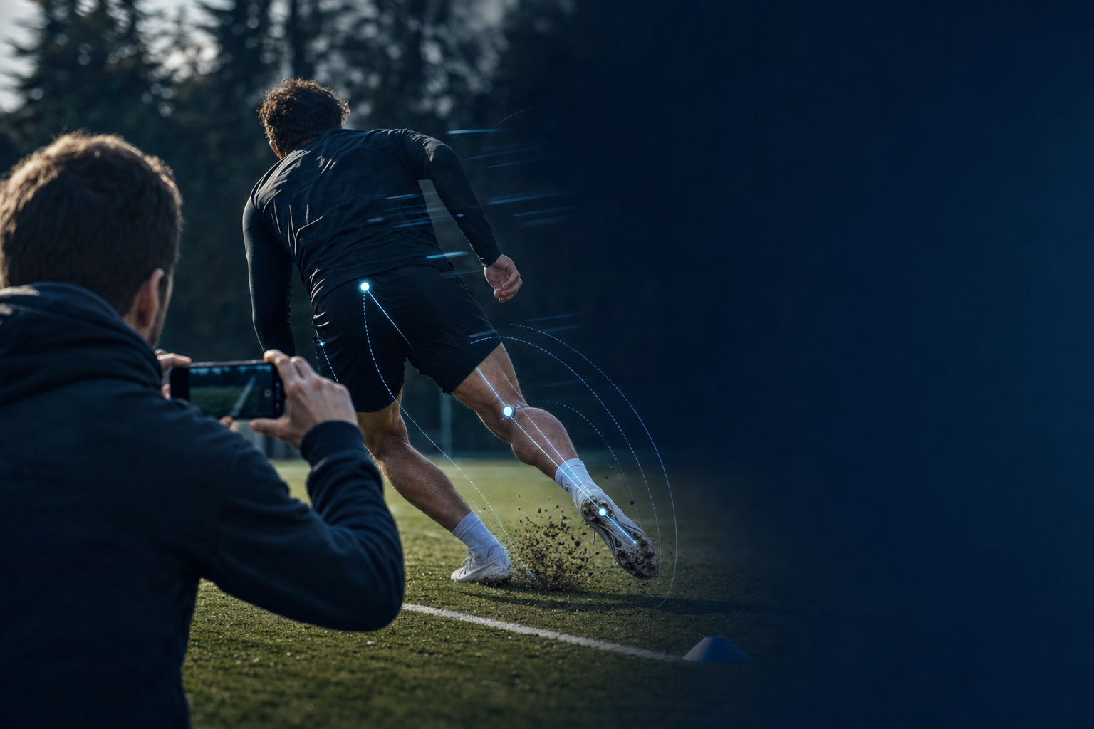 Soccer player decelerating mid-sprint on a training pitch while a coach films the movement on a phone