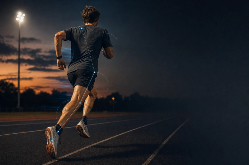 Distance runner captured mid-stride on a track during a speed workout, highlighting hamstring and leg swing mechanics