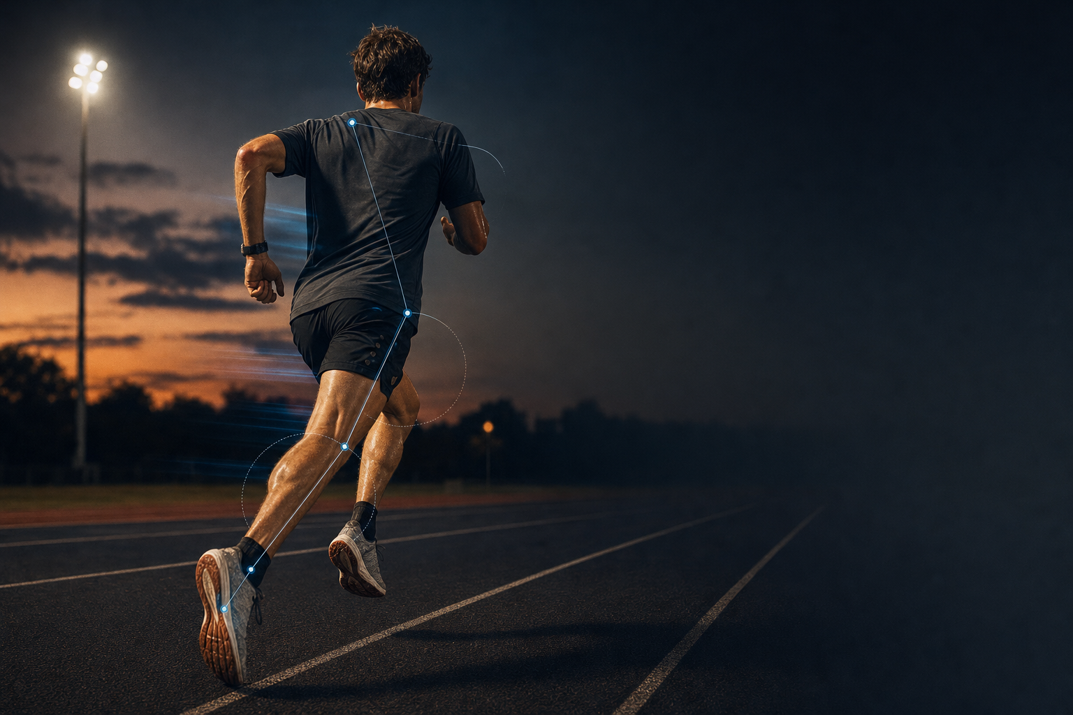 Distance runner captured mid-stride on a track during a speed workout, highlighting hamstring and leg swing mechanics