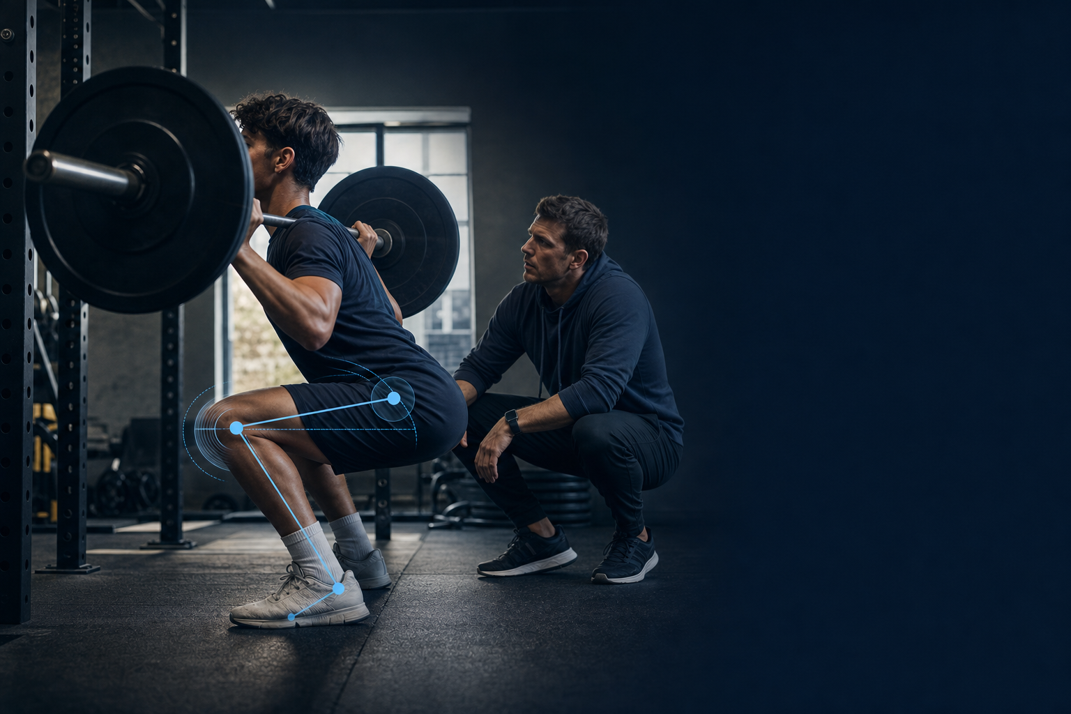 A young athlete performing a barbell back squat in a school weight room while a coach observes their form from the side, with subtle joint-angle analysis cues