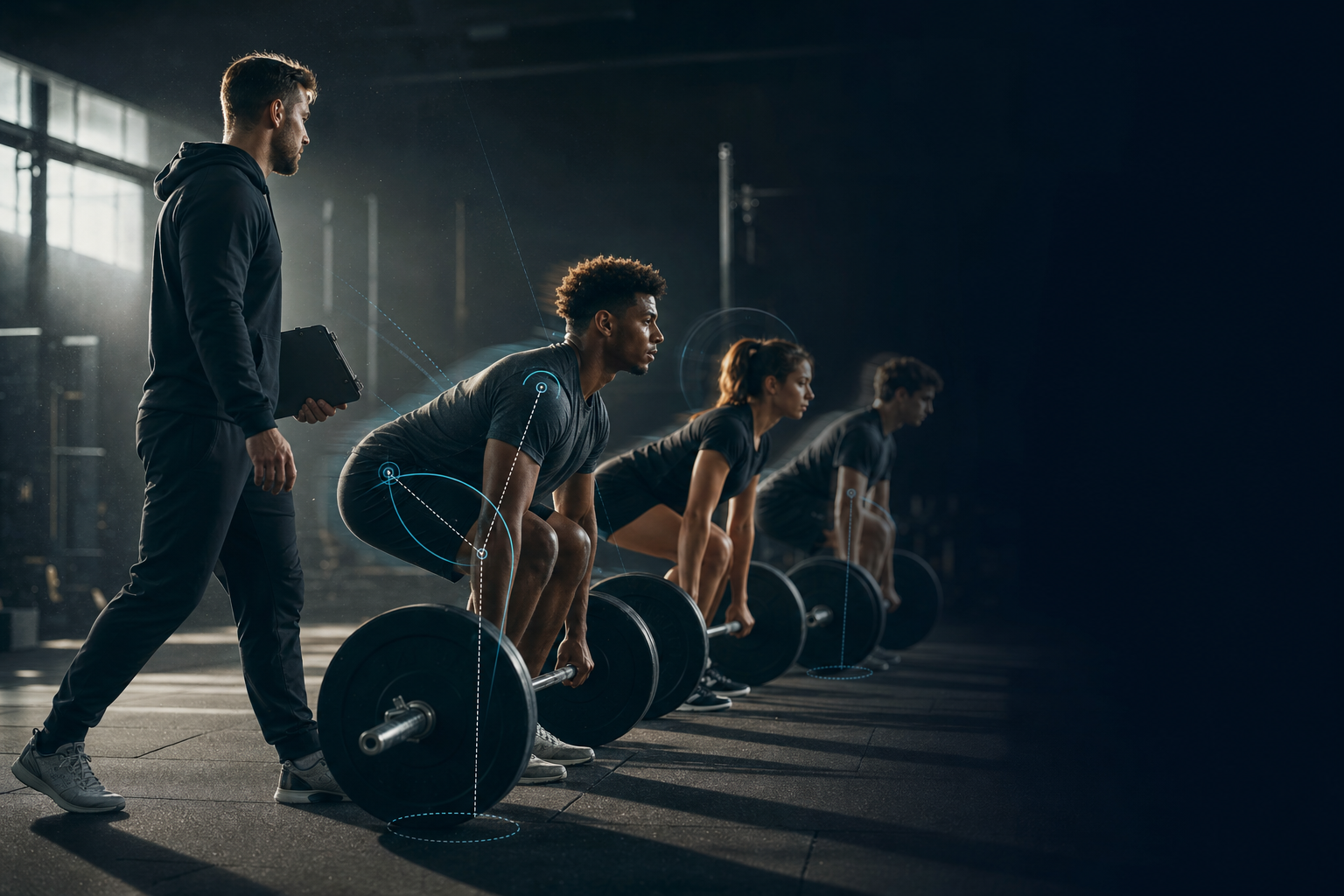 A college strength and conditioning coach guiding three athletes through a barbell session in a university weight room.