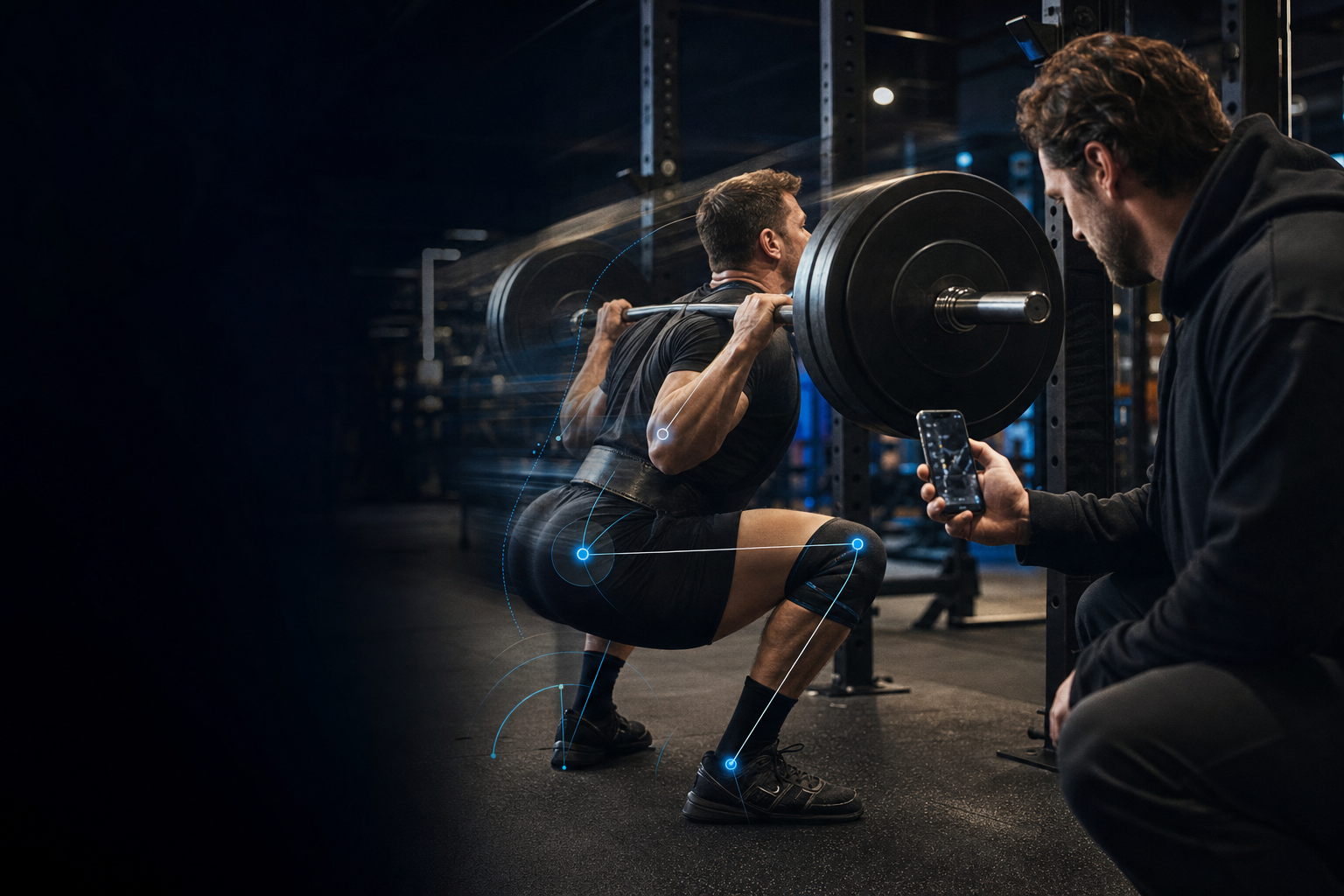 Powerlifter mid-squat in a barbell gym while a coach reviews rep video from the side