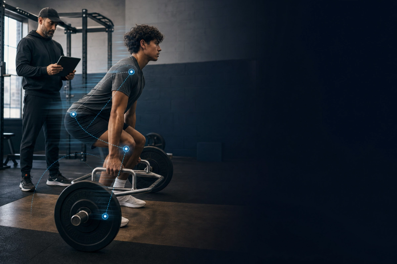 A high school athlete lifting in a school weight room while a coach stands nearby reviewing the written training program on a tablet.