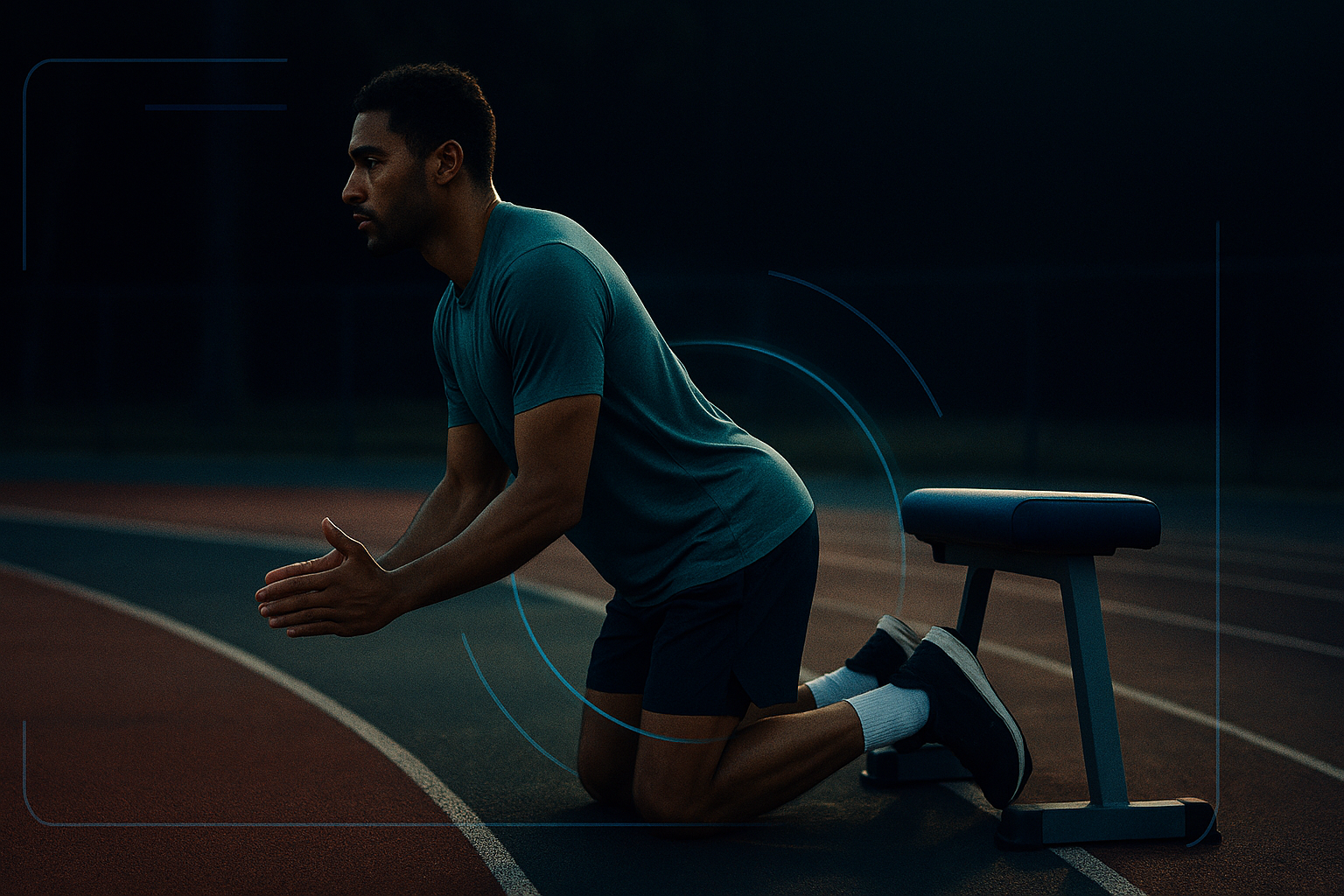 A runner pausing on an outdoor track at sunrise to perform a Nordic hamstring curl drill