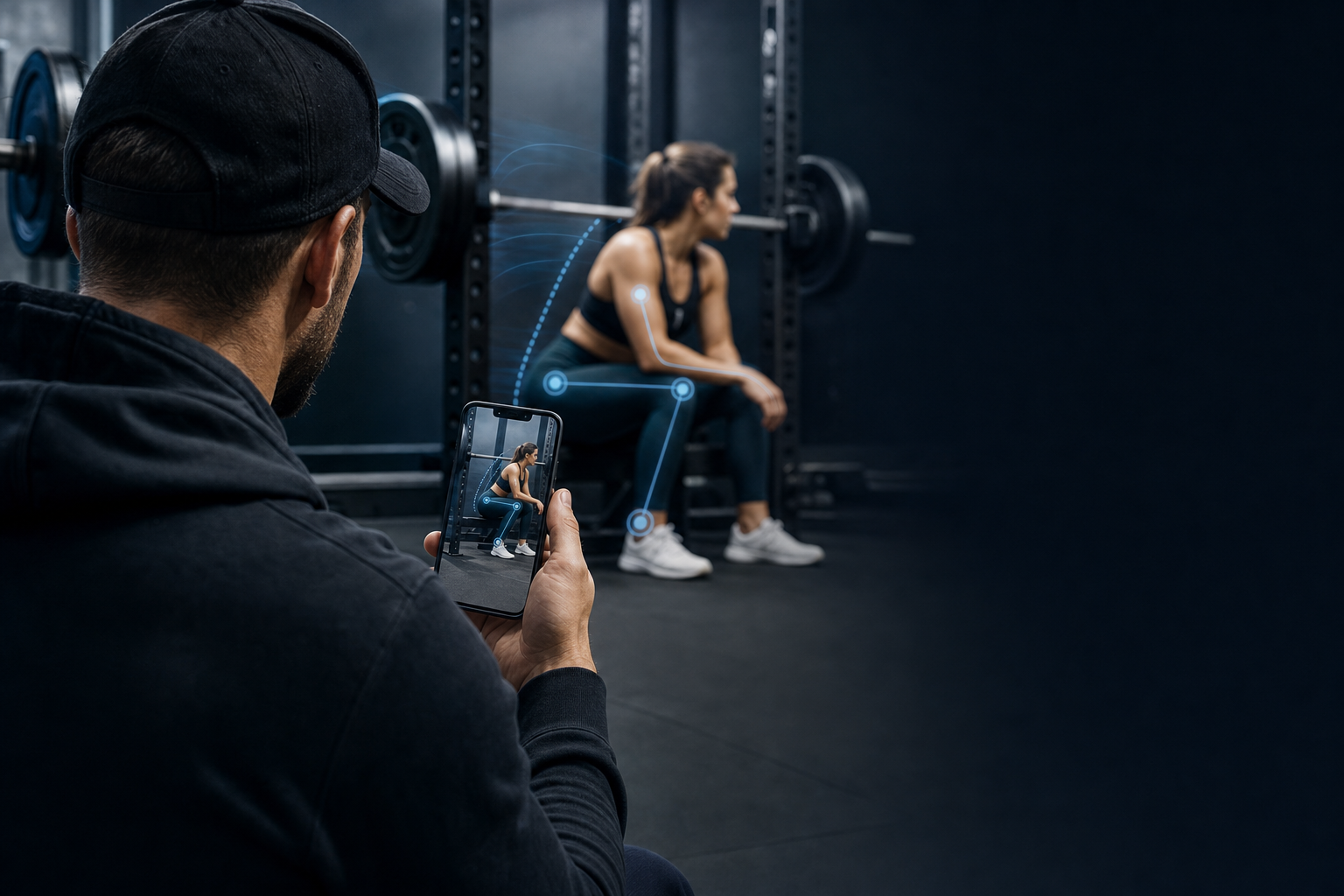 Personal trainer reviewing a client's recorded barbell squat on a phone in a small gym, with subtle AI joint-angle cues