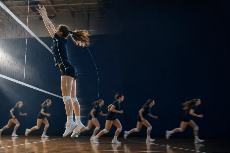 A volleyball player rising into a block jump at the net while teammates jog through a dynamic warm-up behind her in a school gym