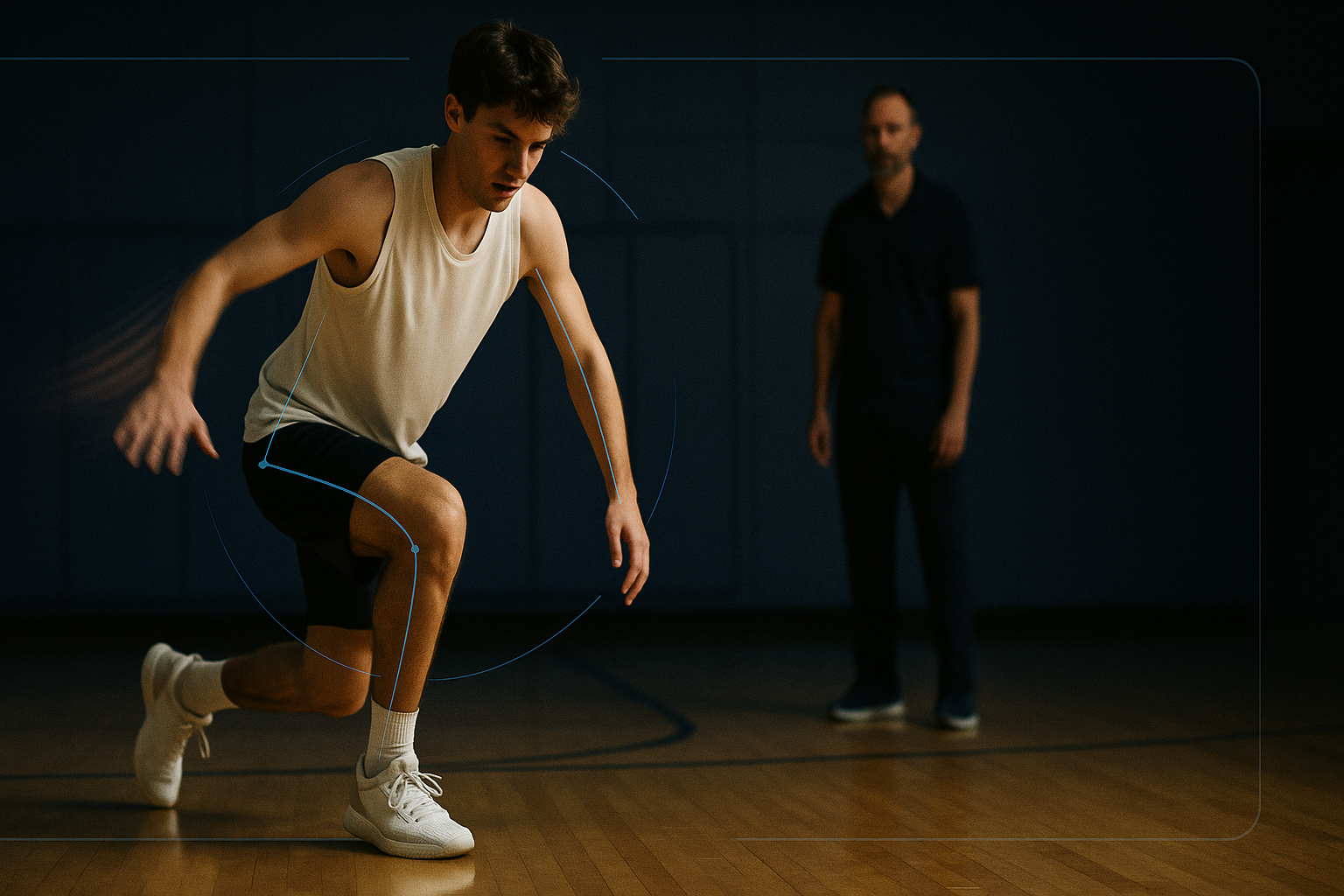 A high school basketball player landing on one leg during a court warm-up, with a coach watching from a few feet away.