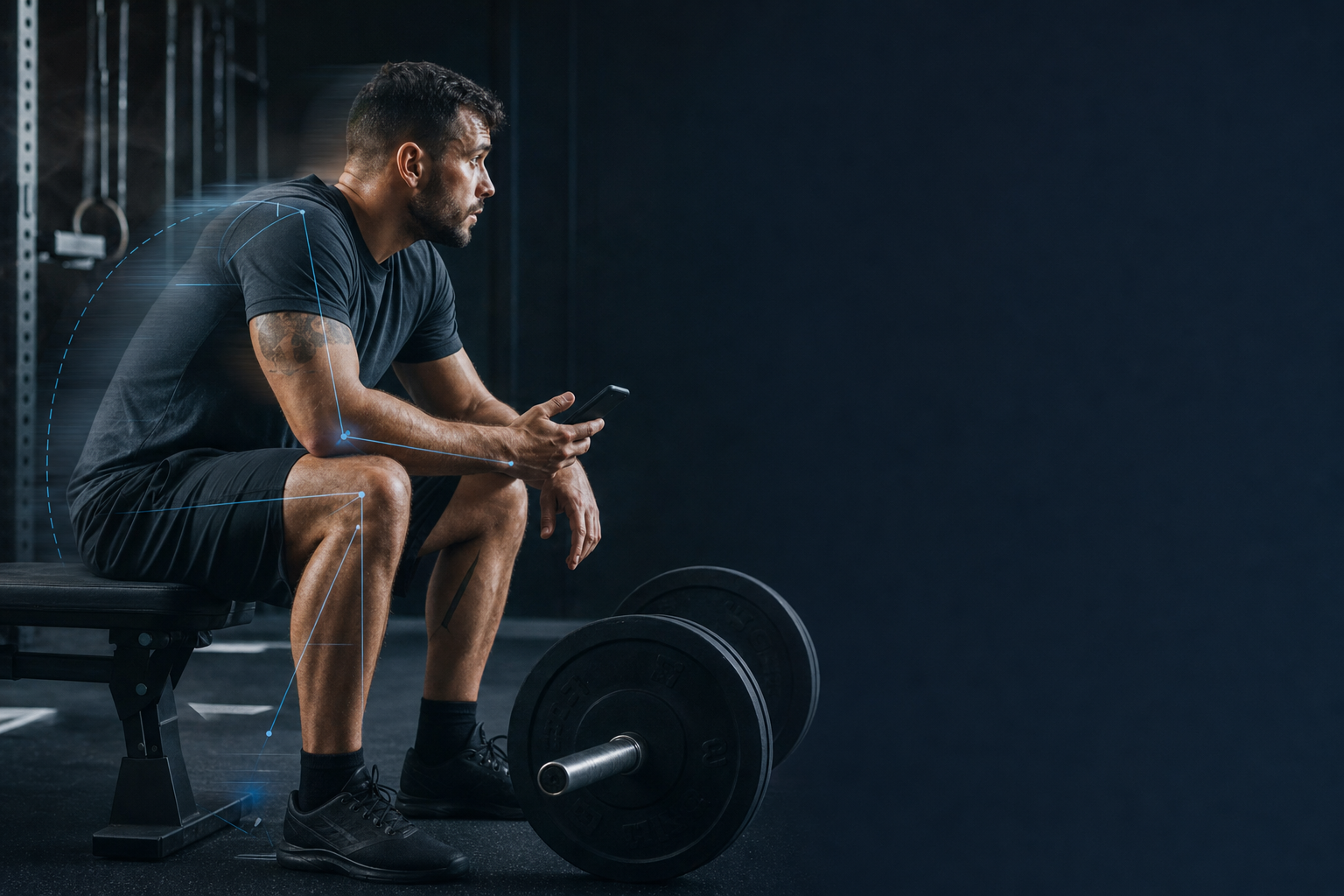 A lifter resting between sets in a home gym, phone held low in one hand, with a loaded barbell on the floor beside them.