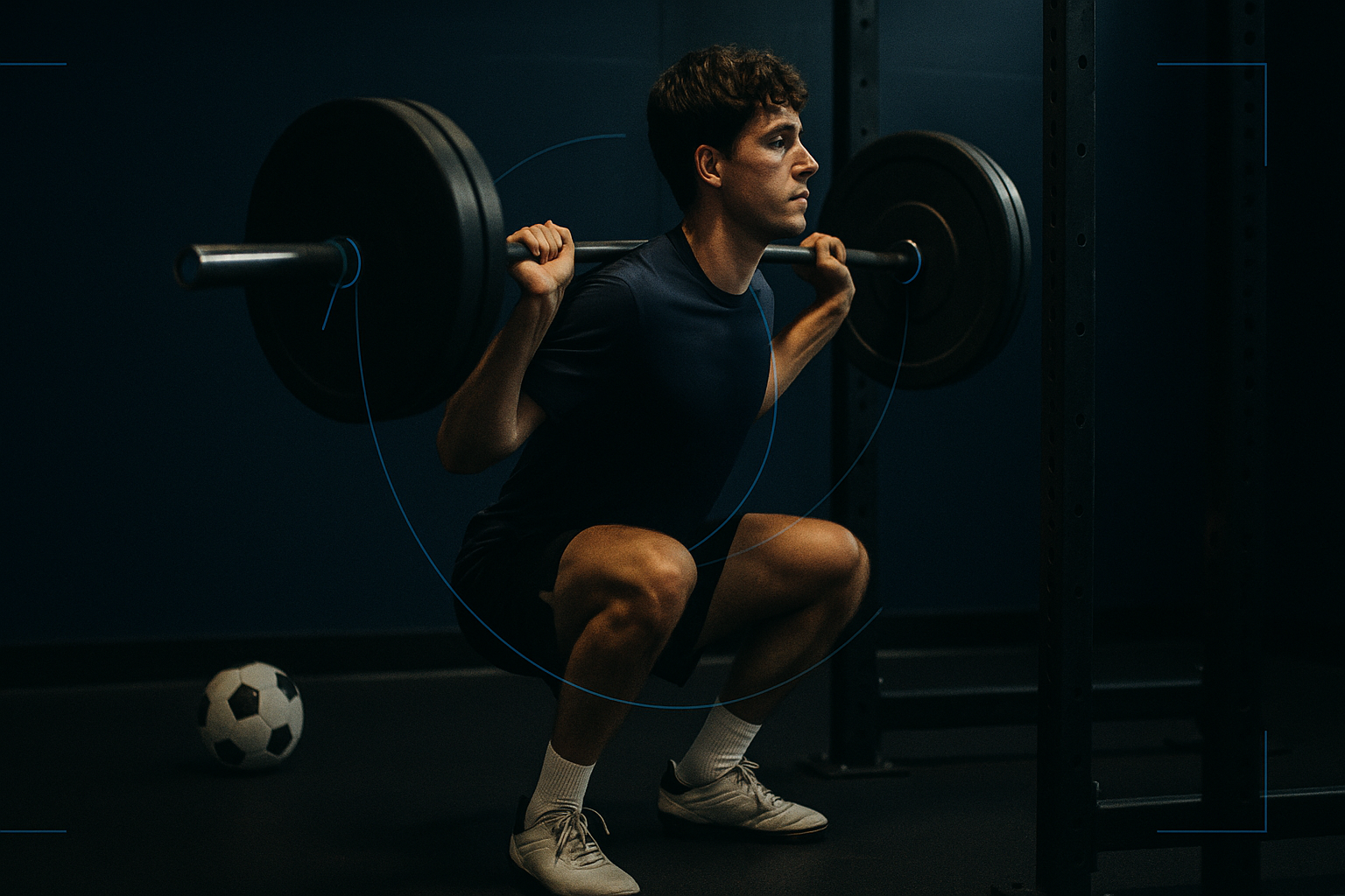 A soccer player at the bottom of a barbell back squat in a weight room, with a ball on the floor beside the rack.