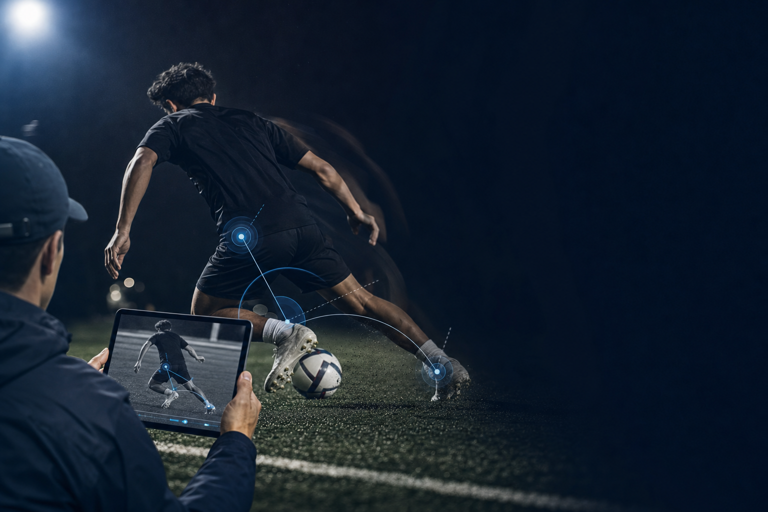 A soccer player cutting to change direction on a turf field while a coach reviews the landing on a tablet from the sideline.
