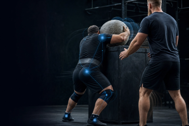 Coach spotting an athlete loading a heavy atlas stone onto a platform in a strength training gym