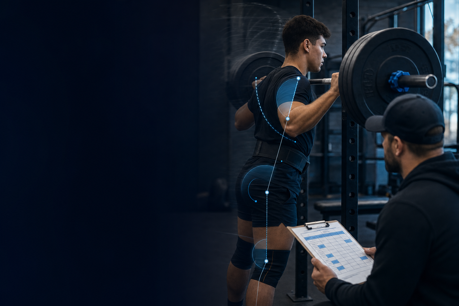 Powerlifter loading a barbell for a squat while a coach reviews a weekly training split on a clipboard