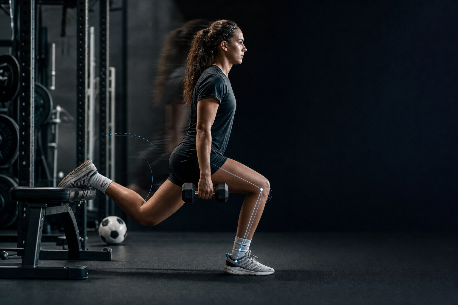 A soccer player performing a rear-foot-elevated split squat with a dumbbell in a weight room, a ball on the floor behind her