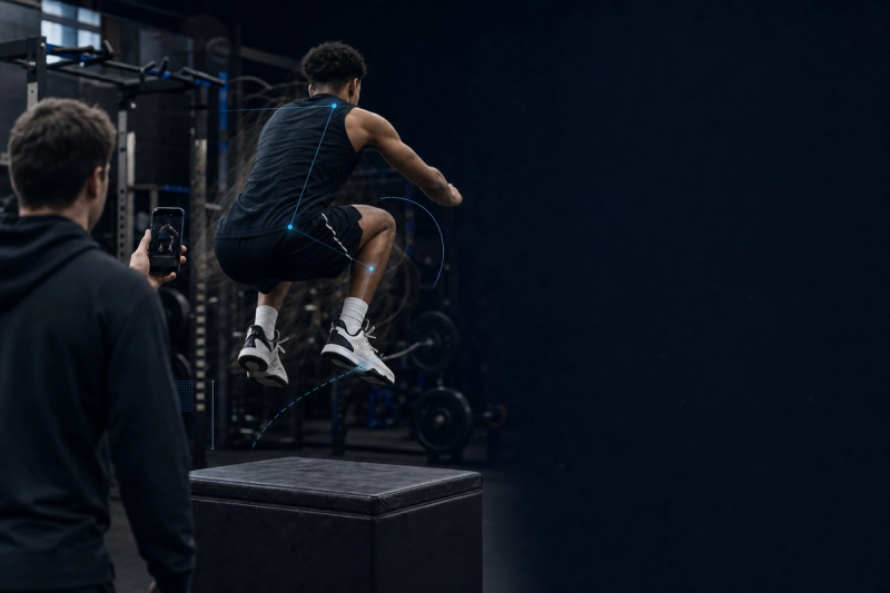 Coach filming a basketball player's box jump landing in a school weight room