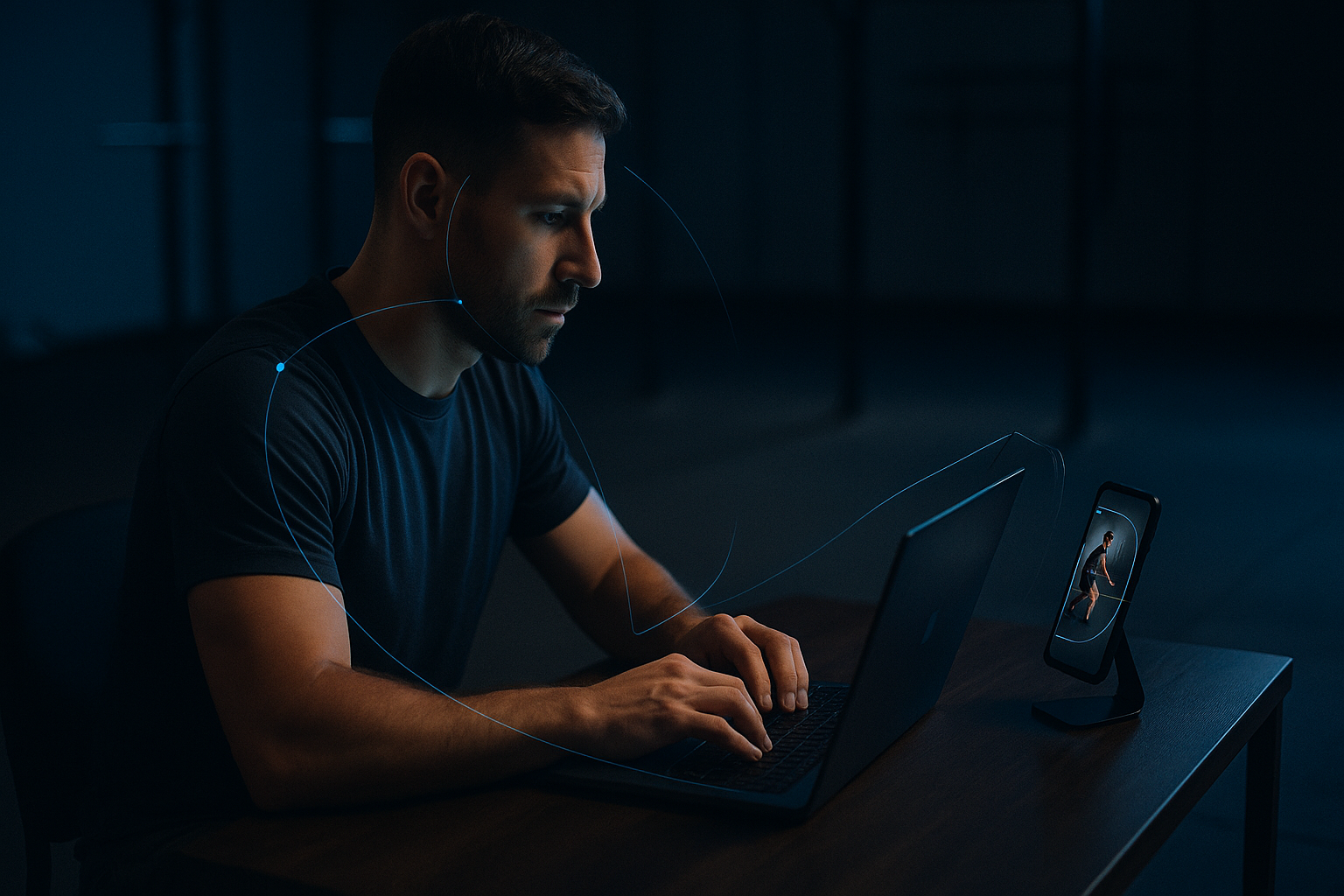A personal trainer working alone at a small studio desk after hours, laptop open and a phone propped alongside, reviewing client records.