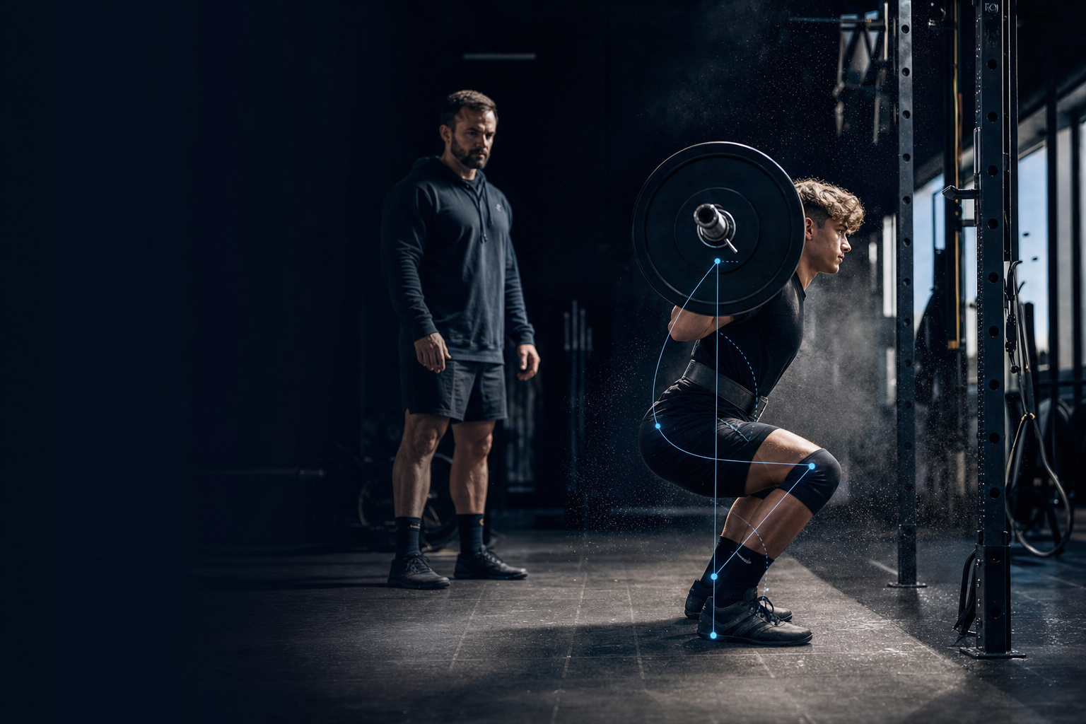 A high school strength coach standing back from a loaded barbell in an early-morning weight room while an athlete sets up for a heavy squat, chalk dust in the low light.