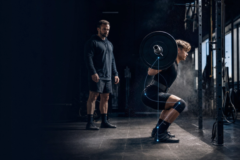 A high school strength coach standing back from a loaded barbell in an early-morning weight room while an athlete sets up for a heavy squat, chalk dust in the low light.